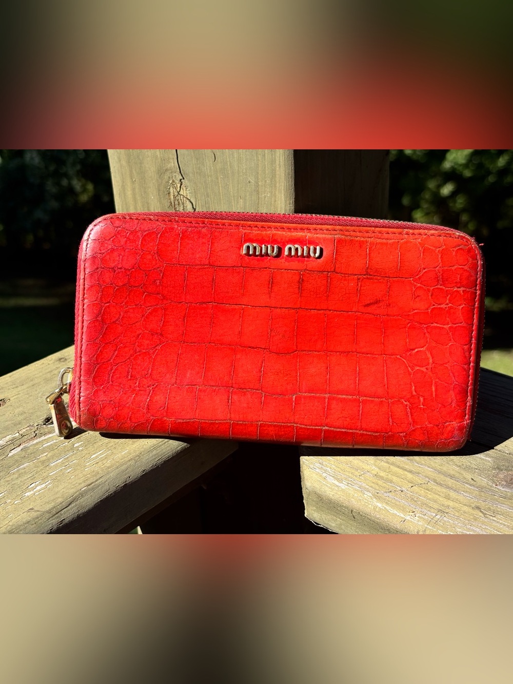 Miu Miu Bright Red Croc-Embossed Leather Zip Clutch